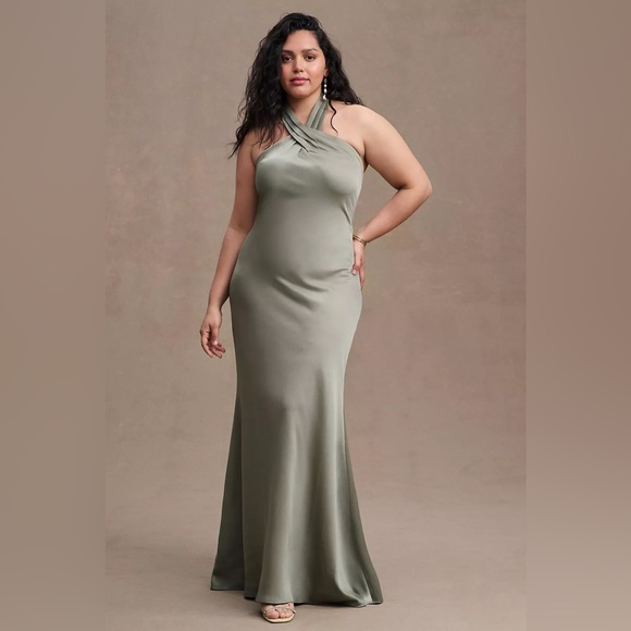 BHLDN Ruby Twist Halter Satin Gown - Moss Green - Size 4 - Like new - Picture 4 of 9